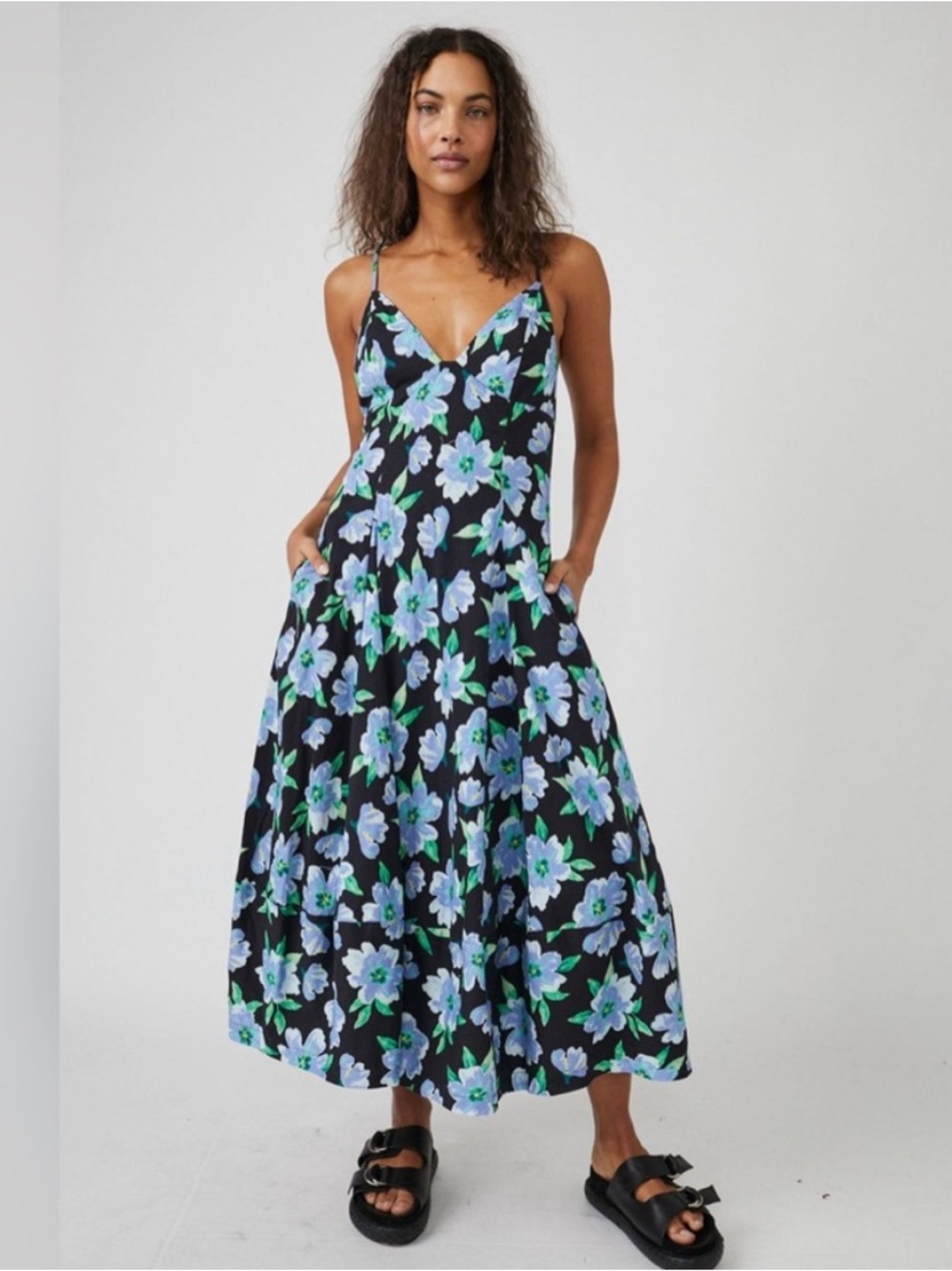 Free People Finer Things Printed Midi Dress Floral Print Dress with pockets